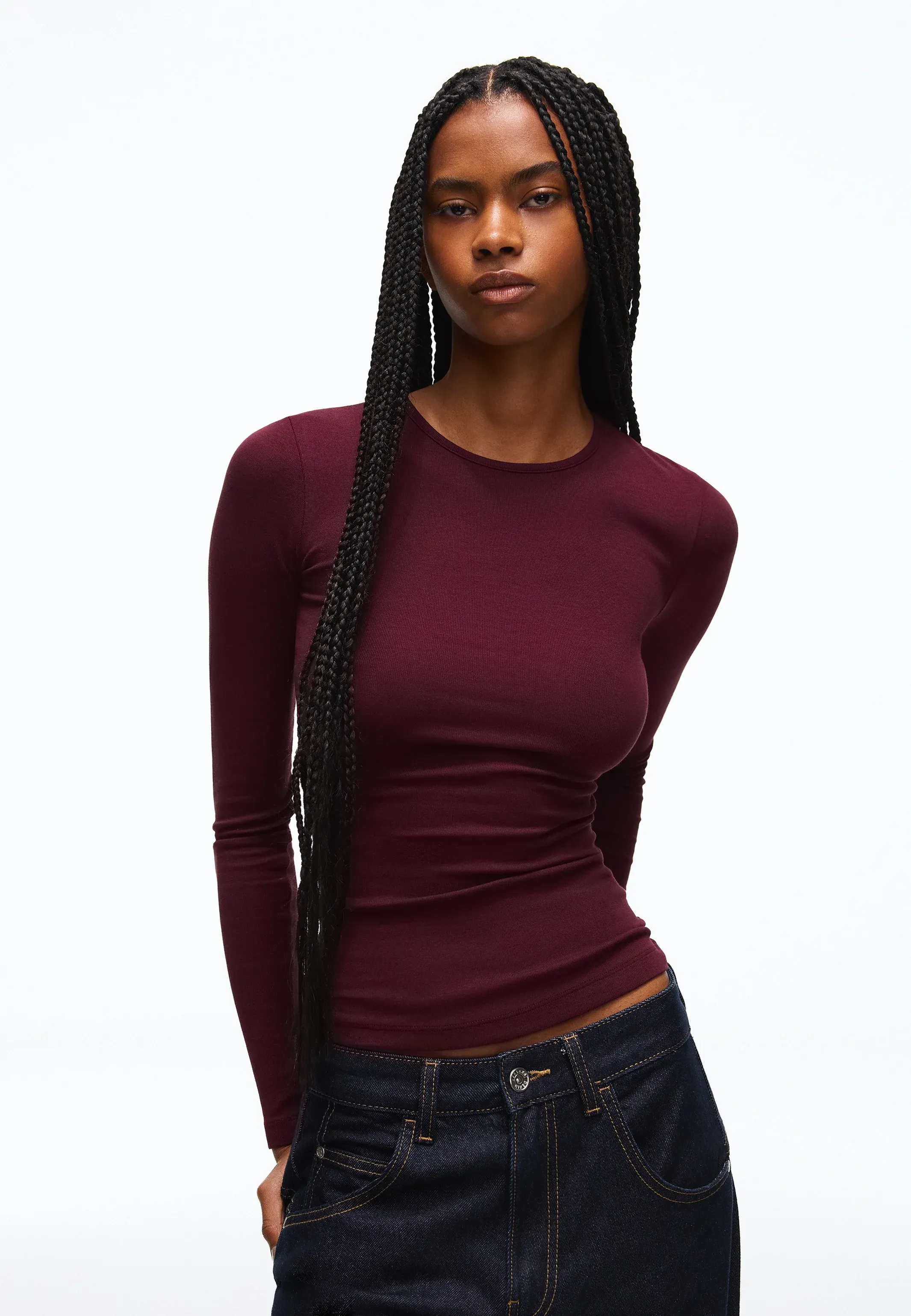 Bershka T-shirt à manches longues col rond Maglietta a manica lunga rosso scuro