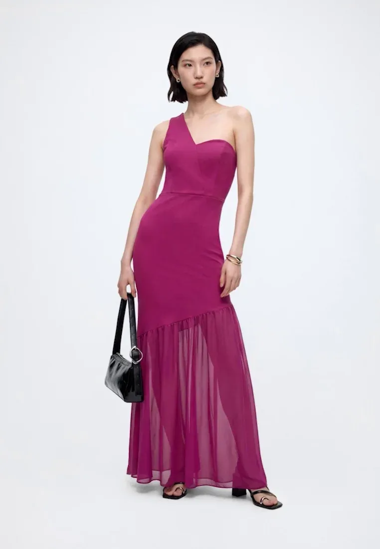 Wal G Kaif Robe Maxi Transparente à Une Épaule avec Jupe - Robe pour Occasions Spéciales Plum