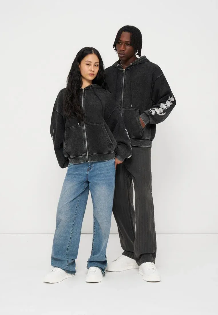 Yourturn Fleece à capuche unisexe Dark Grey Snow Washed